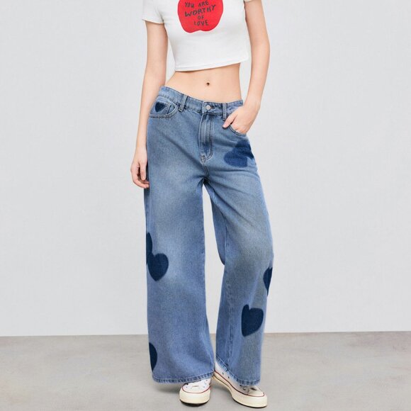 Mid Rise Heart Print Baggy Patterned Jeans Trousers - Picture 7 of 8